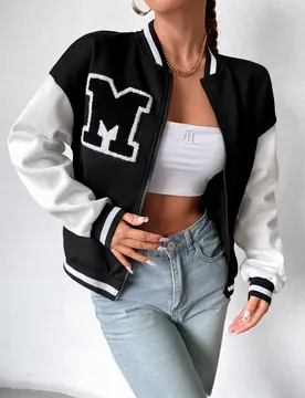 Chaqueta bomber con parche de letra, ribete de rayas y hombros caídos L - Shein - FashionsVida