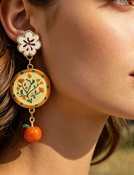 Par de pendientes colgantes redondos estilo pintura al óleo vintage con fruta naranja pintada, diseño de nicho, artesanía de esmalte de lujo ligero - Shein - FashionsVida