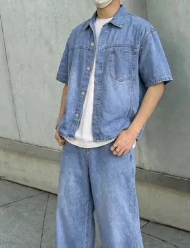 Camisa de mezclilla azul con diseño de bolsillo y jeans holgados y cómodos para adolescentes - Shein - FashionsVida