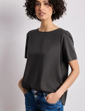 Bluse mit Rundhals und kurzen Puffärmeln female Braun - Street One - FashionsVida