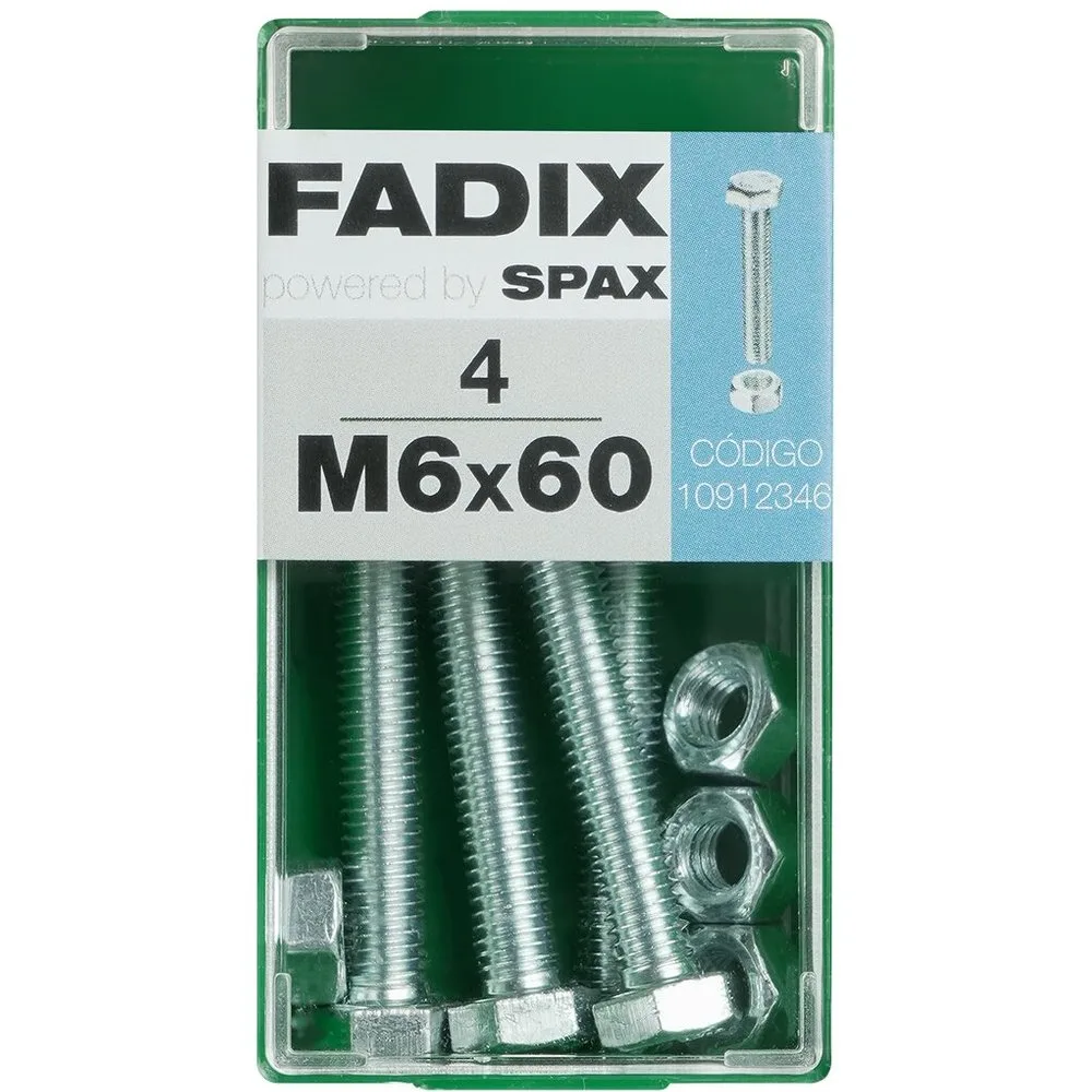 Tornillo Cabeza Hexagonal + Tuerca M6 x 60 mm - Caja 4 Uds - FADIX - FashionsVida