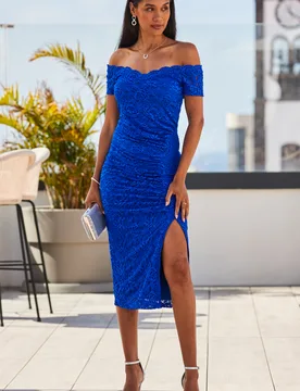 Womens Cobalt Blue Luxe Lace Bardot Midi Jersey Dress - Size 10 Uk - Sosandar - FashionsVida