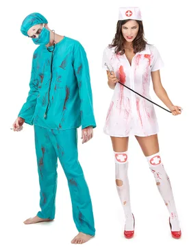 Zombie-Chirurg und Zombie-Krankenschwester Paarkostüm Halloween weiss-blau - BCI - FashionsVida