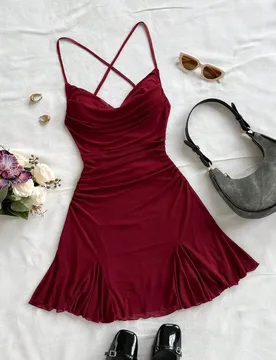 Vestido mini de tirantes finos color burdeos para mujer, cuello drapeado, espalda descubierta, cola de pez, malla, atuendos de club, fiesta elegante, - Shein - FashionsVida
