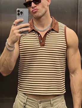 Chaleco de hombre con cuello polo sin mangas con botones beige moda retro años 90 vacaciones vacaciones verano XL - Shein - FashionsVida