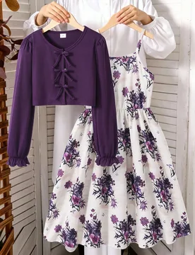 Conjunto de 2 piezas para niñas preadolescentes, estilo casual de vacaciones, con cárdigan de punto acanalado con lazo decorativo y vestido sencillo - Shein - FashionsVida