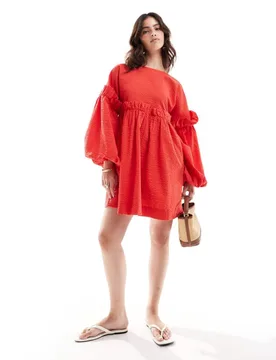 Womens Jumbo Ruffle Mini Textured Dress In Cherry Red - Size 8 Uk - ASOS DESIGN - FashionsVida