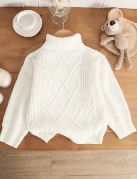Pieza Suéter tipo pullover, cuello alto con textura de diamante, blanco esponjoso suave y acogedor, corte holgado, ropa de otoño para la escuela par - Shein - FashionsVida