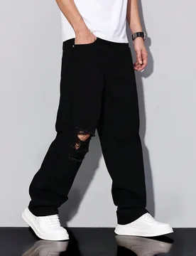 Pantalones vaqueros de mezclilla casuales y sencillos para hombres, para uso diario, pantalones de chándal holgados y rotos, jeans negros rotos para - Shein - FashionsVida