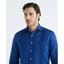 Camisa guayabera de lino de hombre classic lisa azul