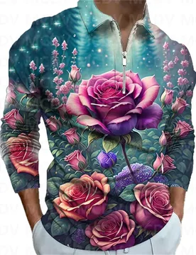 Men's Long Sleeve Zipper Polo Shirt Flower 3D Printed Polo Long Sleeve T Shirt Casual Tops - Aliexpress - FashionsVida