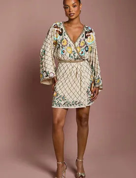 Women's Petite Wrap Top Floral Embellished Mini Dress in Champagne Size: 4 - Champagne - Size: 4 - Coast - FashionsVida
