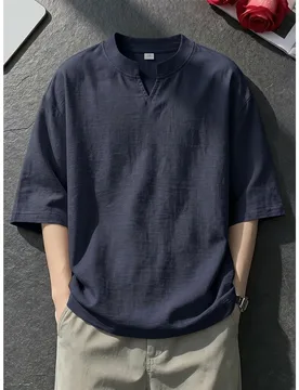 Summer Men's Fashion Casual Silk-Like Hemp Short-Sleeved T-Shirt Lightweight and Breathable with Small V-Neck Top - Aliexpress - FashionsVida