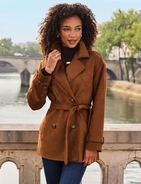 Faux Suede Belted Short Trench Coat Tan female - Sosandar - FashionsVida