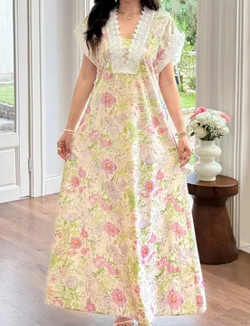 Vestido largo de manga corta con estampado floral elegante, patchwork y ribete de encaje para mujer, primavera/verano S - Shein - FashionsVida