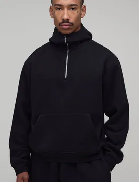 Mens Oversized Boxy Plush Eye Mask 1/4 Zip Hoodie - Black - boohooMAN - FashionsVida