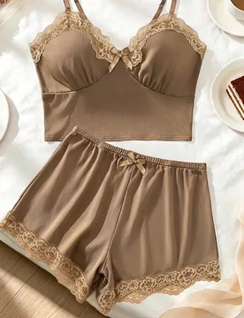 Piezas Conjunto de pijama con encaje floral, top con cuello en V de unicolor y shorts de tela de punto cómoda con lazo, ropa de dormir para mujer XXL - Shein - FashionsVida