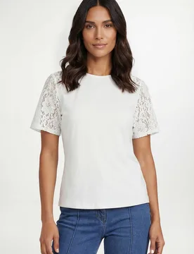 Women's Lace Short Sleeve Jersey Top in Ivory Size: 20 - Ivory - Size: 20 - Wallis - FashionsVida