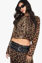 Womens Leopard Print High Neck Woven Crop Top - Size 6 Uk