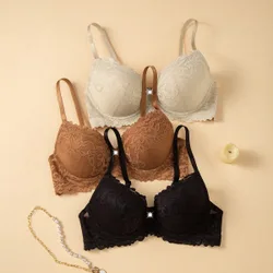 Set de 3 sujetadores con aros de encaje para mujer, lencería 75A