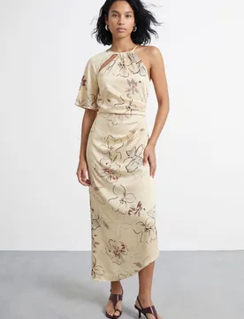 Womens Floral Print Asymmetric One Sleeve Bias Maxi Dress With Keyhole - Yellow - Size 18 Uk - Warehouse - FashionsVida