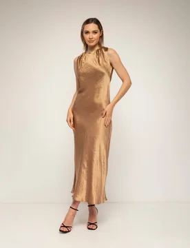Vestido midi con textura de seda con cuello fruncido, recto y fluido - Tantra - FashionsVida