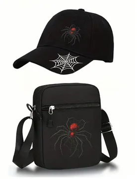 Pieza/2 piezas Conjunto de gorra de béisbol y bolso cruzado con diseño de patrón de araña impreso original para hombres y mujeres, moda callejera - Shein - FashionsVida