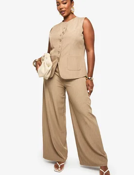 Womens Plus Drawstring Pinstripe Wide Leg Trouser - Beige - Size 20 Uk - Boohoo - FashionsVida