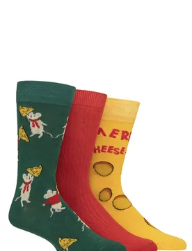 Mens 3 Pair SOCKSHOP Christmas Bamboo Socks Merry Cheesemas 7-11 Mens - Multi Coloured - Size: 7-11 Mens - Lazy Panda - FashionsVida