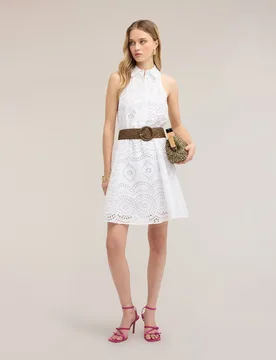 Vestido camisero en sangallo de algodón corte corto cierre frontal con botones - Motivi - FashionsVida