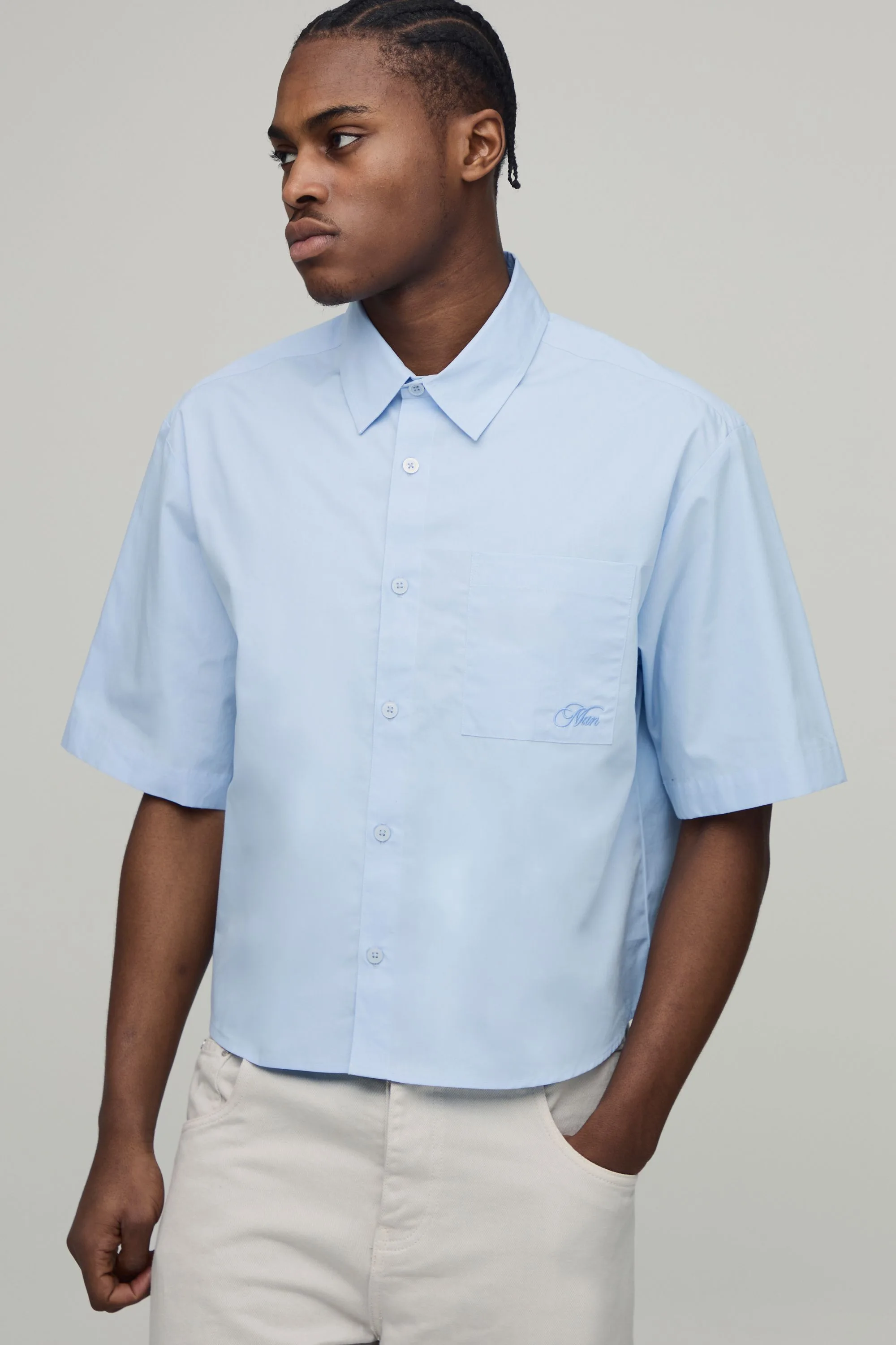Mens Oversized Boxy Half Sleeve Curve Hem Shirt - Blue Cotton - Size Small - boohooMAN - FashionsVida