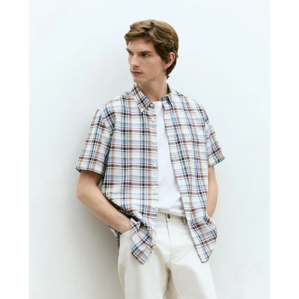 Camisa de manga corta de lino algodón de cuadros - Dustin - FashionsVida