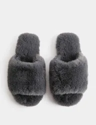 Faux Fur Open Toe Slider Slippers Dark Grey female