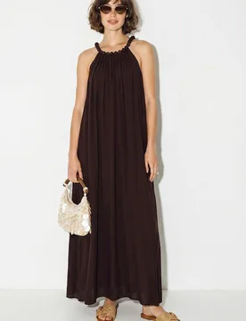 Womens Halter Maxi Dress With Pocket - Brown - Size Medium - Bianco Lucci - FashionsVida