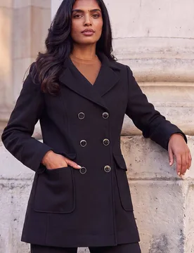 Women's Double Breasted Longline Coat in Black Size: 18 - Black - Size: 18 - Roman - FashionsVida