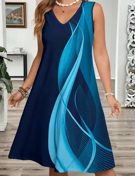 Vestido de línea A con estampado abstracto de bloques de color para mujer talla grande para vacaciones, vestido de tirantes sin mangas de cuello en V - Shein - FashionsVida