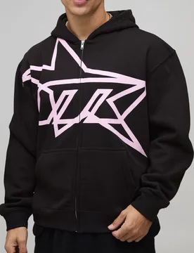 Mens Oversized Boxy Star Printed Zip Through Hoodie - Black Cotton - Size Medium - boohooMAN - FashionsVida