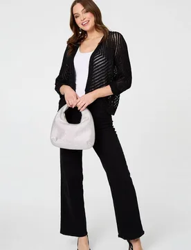 Women's Chevron Texture Mesh 1/2 Sleeve Cardigan Sweater in Black Size: Large - Black - Size: L - Izabel London - FashionsVida