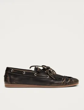 Leather Lace Up Flat Loafers Brown female - Alohas - FashionsVida