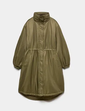 Satin Funnel Neck Longline Parka Coat Khaki female - M&S - FashionsVida