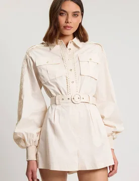 Women's Petite Cotton Sateen With Lace Trim Pocket Detail Playsuit in Cream Size: 16 - Cream - Size: 16 - Karen millen - FashionsVida