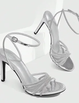 Sandalias de tacón alto de aguja sexy con pedrería y correa de tobillo plateadas para mujer EUR39 - Shein - FashionsVida