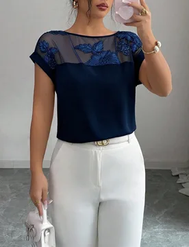 Blusa de manga corta con parches de malla y aplicaciones, elegante para vacaciones y oficina M - Shein - FashionsVida