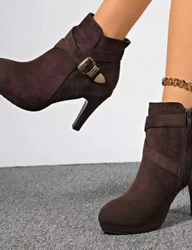 Botas de tobillo para mujer estilo nuevo europeo & americano otoño/invierno con cremallera lateral, botas de moda con tacón grueso alto y punta redo - Shein - FashionsVida