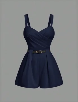 Mono de mujer talla grande azul marino elegante de unicolor con cuello en V, cruzado delantero y cinturón, estilo elegante de verano para damas con c - Shein - FashionsVida