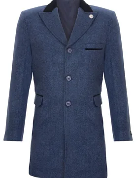Mens 3/4 Long Navy Crombie Overcoat Jacket Herringbone Tweed Coat Peaky Blinder Suede - Size 42 (Chest) - TruClothing - FashionsVida