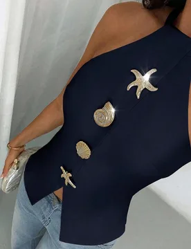 Blusa elegante de mujer sin mangas con cuello halter en azul marino y dorado para verano, top de vacaciones festivas con conchas marinas, estrella de - Shein - FashionsVida