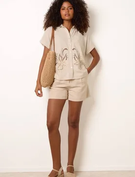 Women's Off White Short Sleeve Button Up Collar Blouse in Cream Size: Large - Cream - Size: L - Blue Vanilla - FashionsVida