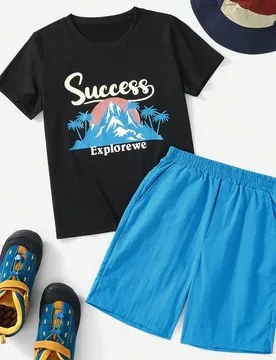 Conjunto de 2 piezas para niños preadolescentes: Camiseta de manga corta con estampado de paisaje y letras + Pantalones cortos de unicolor con contra - Shein - FashionsVida