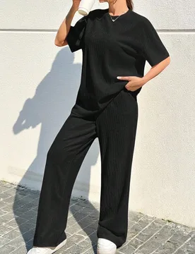 Set de 2 piezas Traje casual de mujer con camiseta de manga corta suelta de color negro y pantalones, talla grande, 2 piezas, conjunto de verano cómo - Shein - FashionsVida